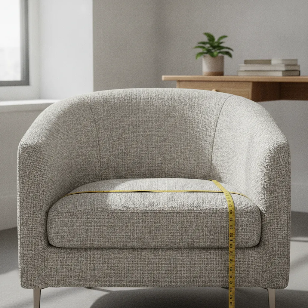 Measuring the inside seat width of a therapy office client chair with a tape measure