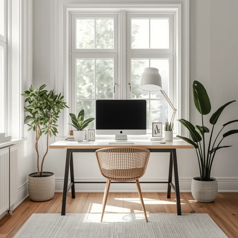 Home office desk positioned facing a window with natural light and plants for a productive workspace setup