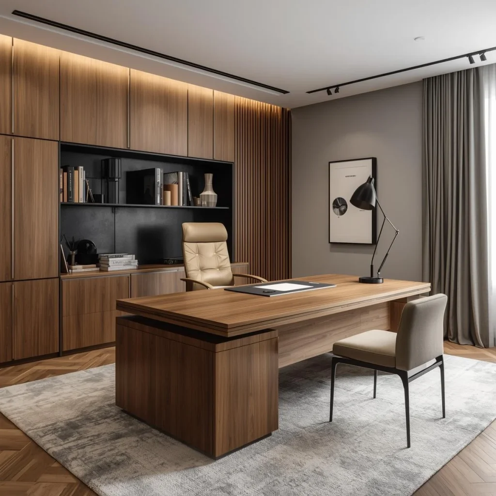 Modern executive office desk with walnut wood finish and matching credenza - Rochester Office Interiors