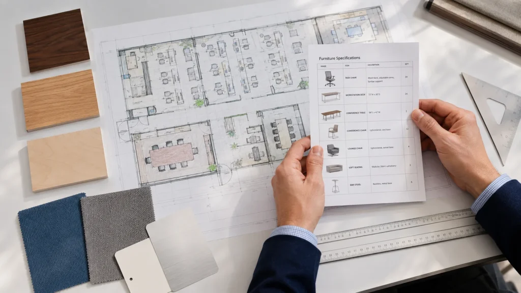Interior designer reviewing office floor plan with material samples and furniture specification sheet